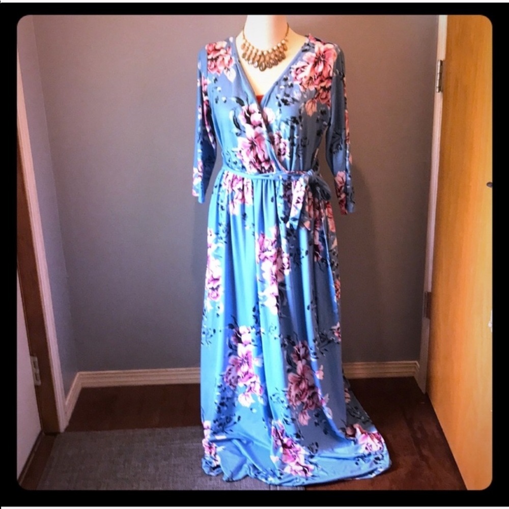 Gorgeous baby blue floral faux wrap dress